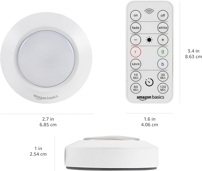 Amazon Basics LED Puck Lights, Color Changing, Battery Operated, IR Remote, 40 Lumens, Under Cabinet Lighting, Wireless Stick on Lights, Ideal for Closets, 2-Pack, White
