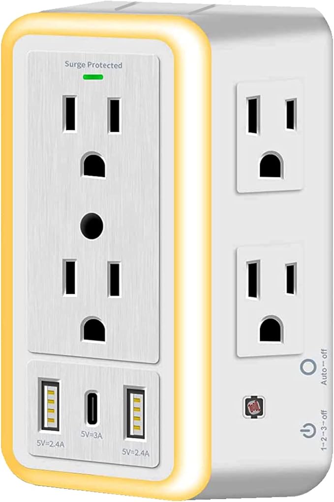 WBM Smart Multi Plug Outlet, Surge Protector, 6-Outlet Extender with 2 USB Charging Ports, USB-C and Night Light, 3-Sided Power Strip with Adapter Spaced Outlets - White