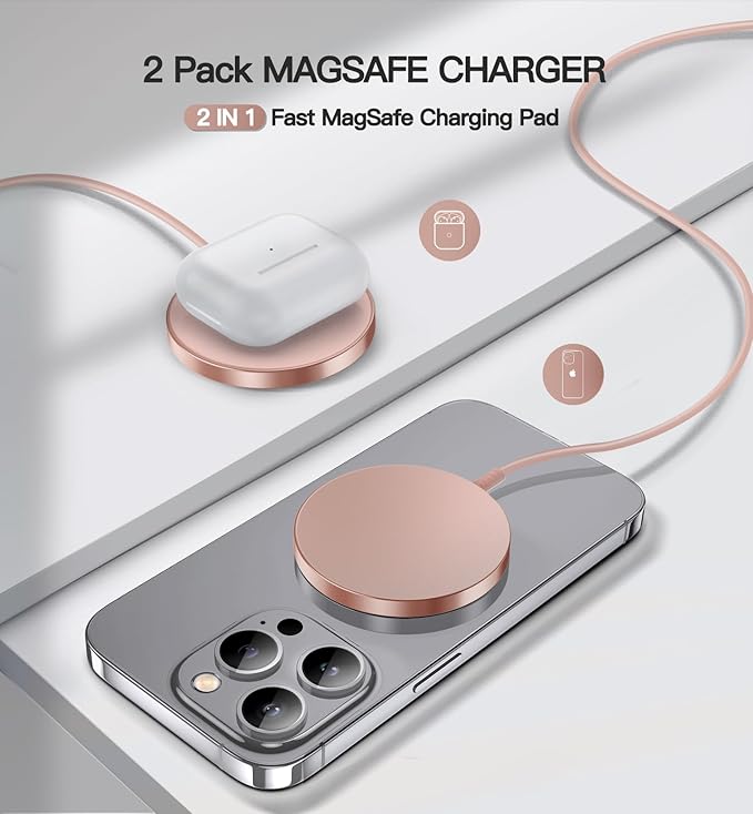 OANDYS Magnetic Wireless Charger 15W Fast Mag Safe Charger for Cell Phone 16 Pro Max/16 Pro/16 Plus/16/15/14/13/12 Series 2 Pack Charging Pad for AirPods 3/2/Pro 2/Pro Mag-Safe Original Replacement