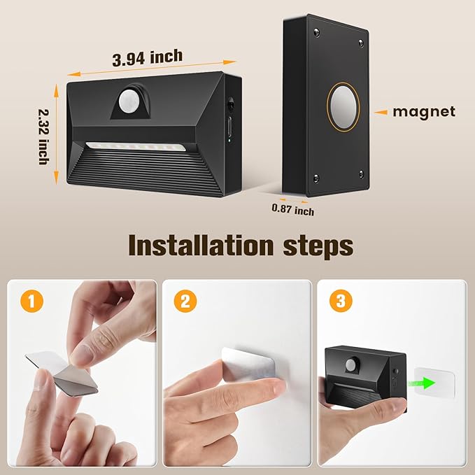 VOLISUN Motion Sensor Stair Light Rechargeable 4 Pack, Night Lights 3 Modes & 3 Color Temperatures, Magnetic Rechargeable Stick-On Lights for Stairs, Hallway, Cabinet(Black)