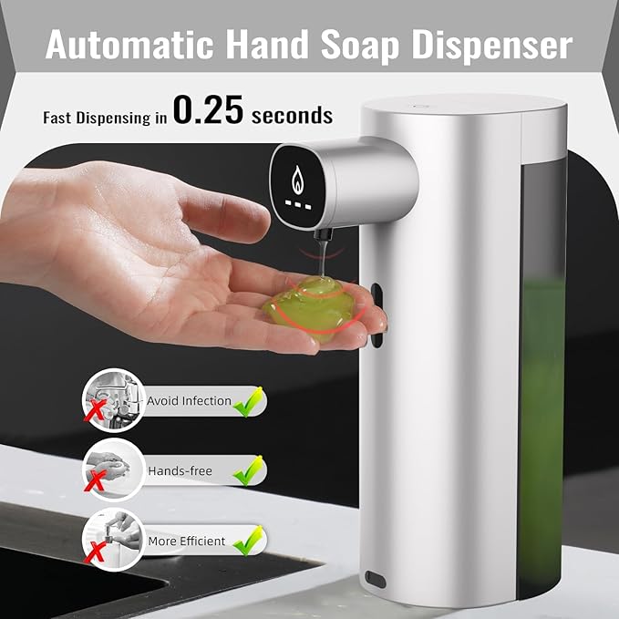 Automatic Liquid Soap Dispenser Touchless, USB Rechargeable Smart Hand Soap Dispenser, 13.5oz/400ml, 3-Level Adjustable, Compatible with Thick Thin Dish Soap for Bathroom Kitchen, Clog-Free (Silver)
