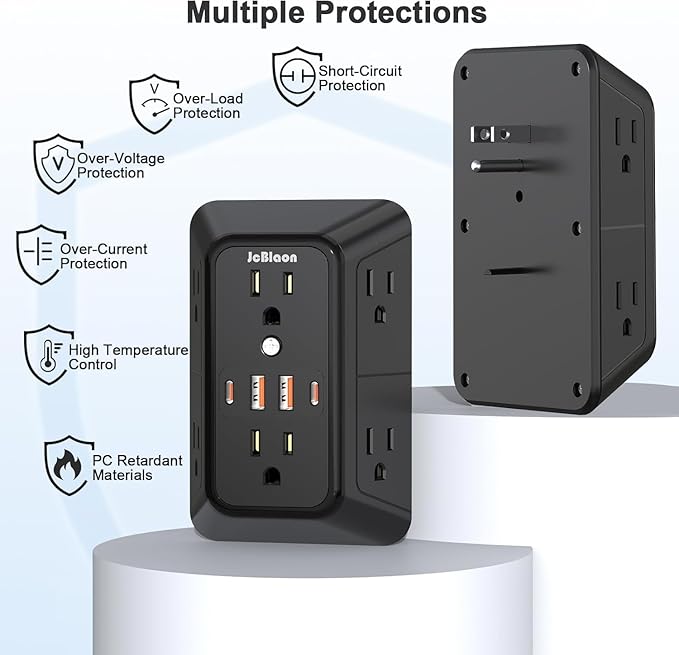 JcBlaon 3 Pack Outlet Extender Surge Protector, 6 Outlet Splitter with 4 USB Ports (2 USB C),1050J 3-Sided Multi Plug Wall Outlet, USB Wall Charger for Home Office Kitchen Travel（Black）