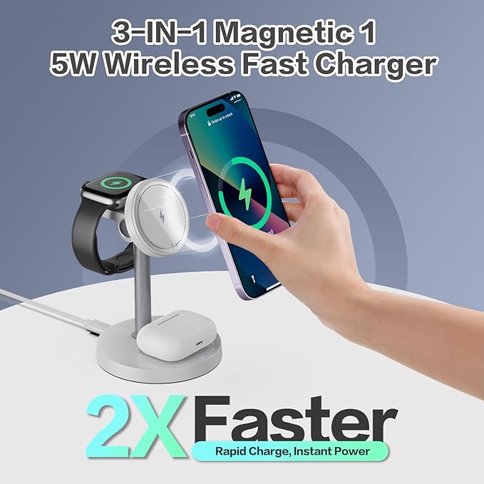 3 in 1 Wireless Charging Station Compatible with MagSafe, 15W Fast Charging Magnetic Mag-Safe Charger Stand for Apple iPhone 17 16 15 14 13 12Series Apple Watch AirPods Pro 4 3 2, Gifts for Men Dad