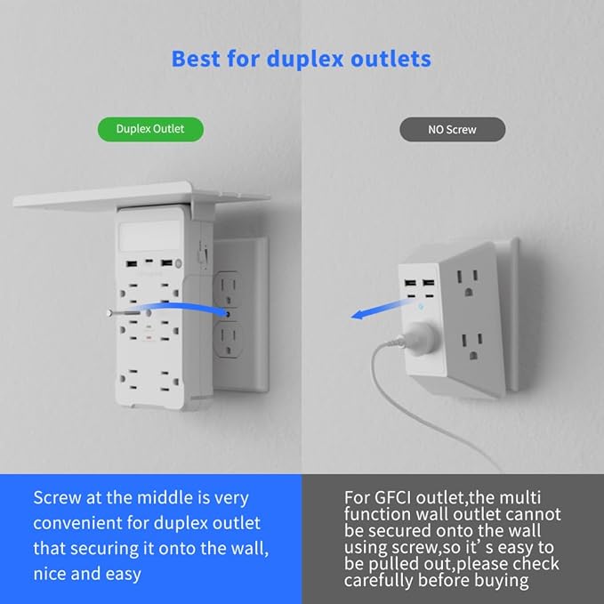Wall Outlet Extender with Shelf and Night Light, Surge Protector with 3 USB Ports (2A+1C) and 6 AC Outlets, Multi Plug Power Strip Electric Outlet Splitter for Home and Office Use, White