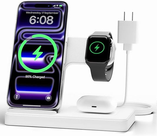 Wireless Charger Stand Charging Station: 3 in 1 Charger Stand Multiple Devices for Apple - iPhone 17 16e 16 15 14 Pro Max 13 12 - Watch 11 10 9 8 7 6 5 4 3 2 SE and Ultra Series-Airpods 4 3 Pro, White