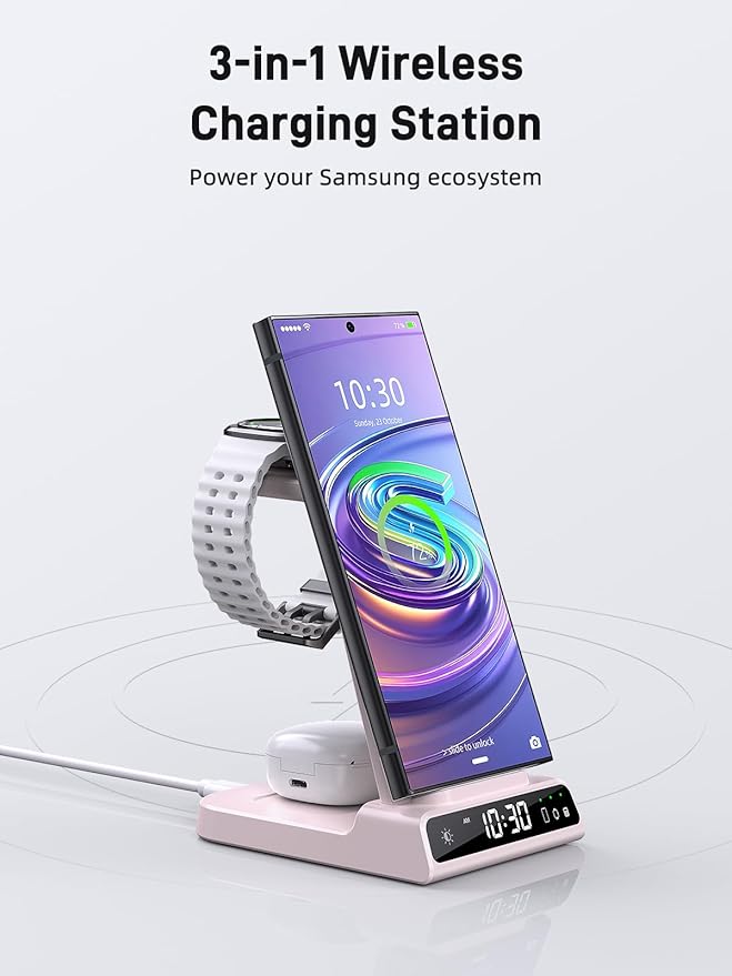 Wireless Charger for Samsung Charging Station: 3 in 1 Android Charging Stand with Dimmable Clock - Nightstand Organizer for Galaxy S25 Ultra, Galaxy Watch 8 7 6 5 4, Galaxy Buds (Not for iWatch)