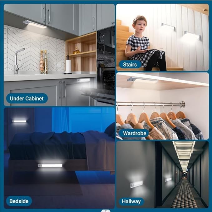 Under Cabinet Lighting Wireless, 60-LED Dimmable Motion Sensor Light Indoor, 12 inch 2000mAh Rechargeable Cabinet Lights, 3 Color Under Counter Lights for Kitchen (2 Packs)
