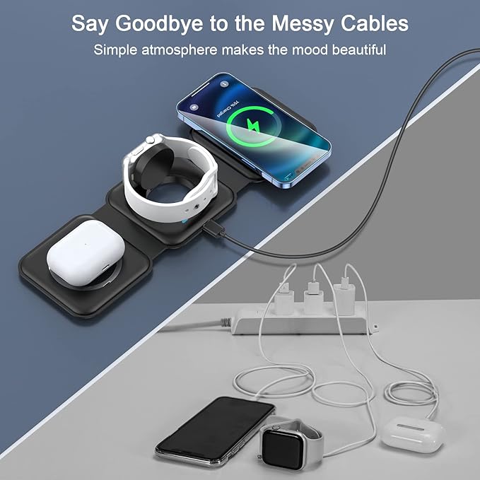 Wireless Charger 3 in 1,RTOPS Magnetic Traval Wireless Charging Station GaN Compatible with Apple Magsafe Multiple Devices for iphone17/16/15/14/13/Pro/Max,iWatch,AirPods4/3/2/Pro(Adapter Includes)