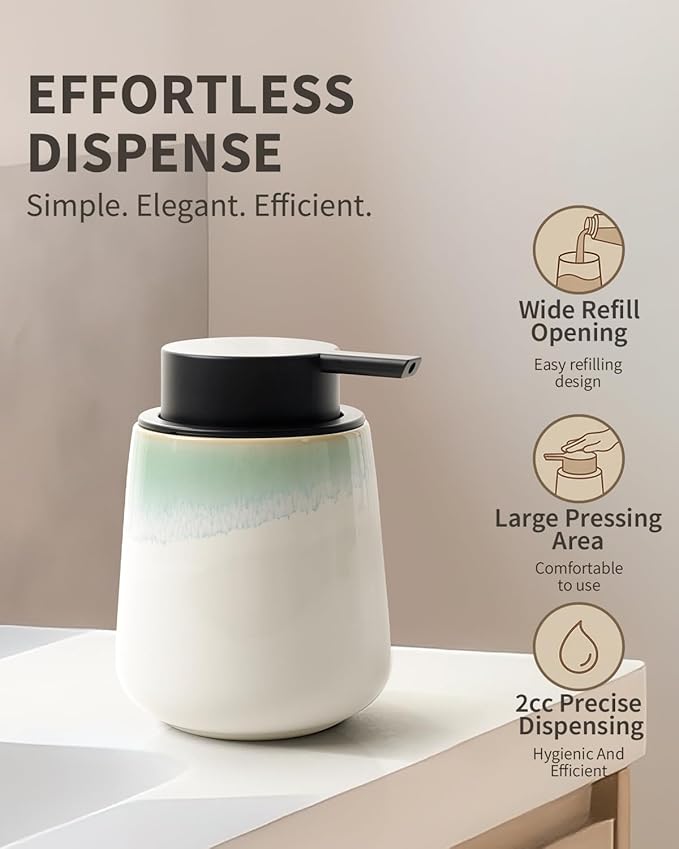 Bosilunlife Ceramic Bathroom Soap Dispenser - 12Oz Bathroom Countertop Kitchen Dish Soap Pump Dispenser Liquid Soap Dispenser - Matte White with Blue-Green Rim