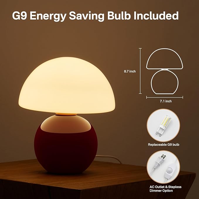 Dawnwake Mushroom Lamp Table Lamp for Bedroom,Desk Bedside Small Lamps for Living Room Night Stands,Mushroom Decor Cute Mini Modern Mid Century Lamps,Unique Aesthetic Home Living Room Decor(Wine Red)
