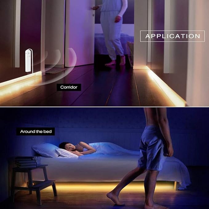 Under Cabinet Lights, 3M/10FT LED Bed Stairs Wardrobe Strip Lights Motion Sensor, 5V USB & Battery Powered Closet Night Tape Lights Four Modes, Waterproof - Warm White, 3M x 2 Pack
