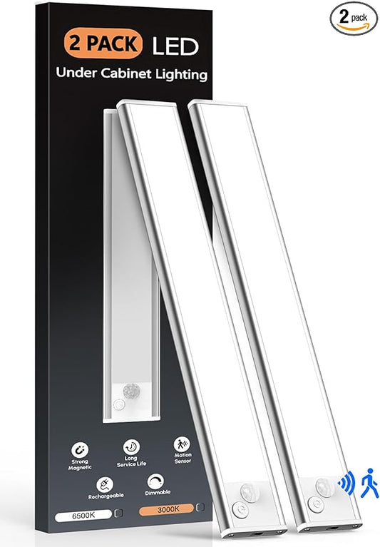 VerRon 10in Under Cabinet Lighting, Upgraded 2200mAh Rechargeable Under Cabinet Lights Wireless, LED Motion Sensor Light Indoor Closet Lights Under-Counter Light Fixtures for Kitchen, Hallway, 2-Pack