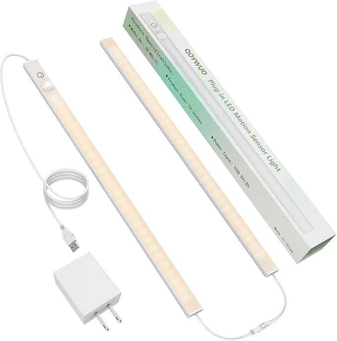 14" Slim USB Plug-in LED Motion Sensor Light Indoor, Bright & Dimmable Under Cabinet Light - 3 Modes (ON/Night/Day) for Kitchen, Cabinet, Closet - 3000K Warm White, 1 Pack (2 Linkable)