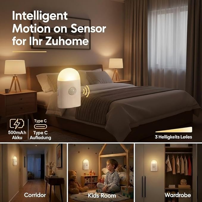 Motion Sensor LED Night Lights Warm White with Adjustable Brightness Rechargeable Battery, with Hook and Stick-On for Cabinet, Wardrobe,Closet,Hallway, Stairs (2 Pack)