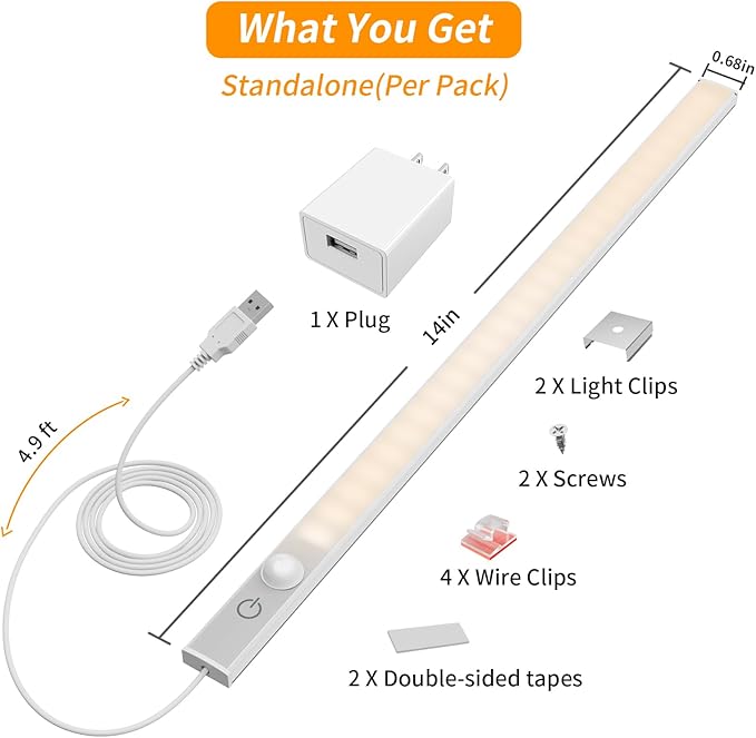 14" Slim USB Plug-in LED Motion Sensor Light Indoor, Bright & Dimmable Under Cabinet Light - 3 Modes (ON/Night/Day) for Kitchen, Cabinet, Closet - 3000K Warm White, 1 Pack (Standalone)