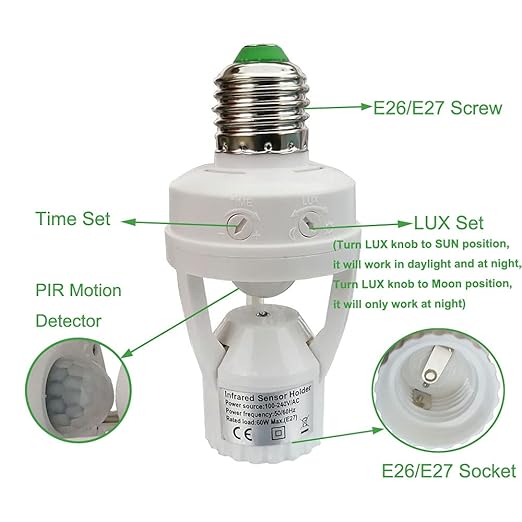 Motion Activated Light Socket,E26 Motion Security Light Bulb Socket Indoor for Front Door Porch Garage Basement Hallway Closet (2 Pack)
