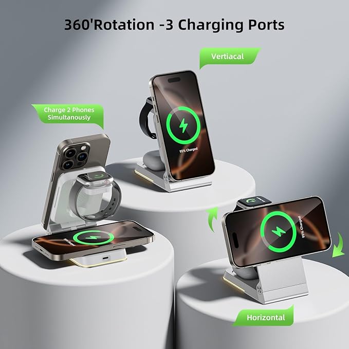Foldable Wireless Charger 3 in 1 - Magnetic Wireless Charging Station for Apple Magsafe Charger Stand with Light,Aluminum Portable Travel Charger Dock for iPhone 17/16/15/14/13/12,Apple Watch,AirPods