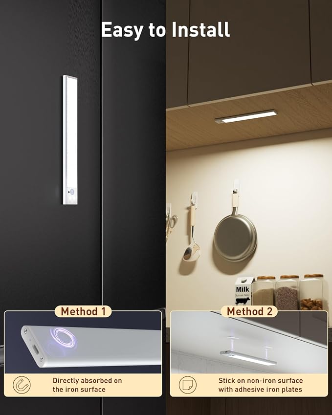 Under Cabinet Lighting,80-LED Rechargeable Motion Sensor Light Indoor, 12 Inch Closet Lights Wireless, Dimmable & 3 Color Temps Stick on Under Counter Lights for Kitchen Closet Stair Bedroom