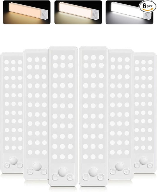 Under Cabinet Rechargeable Dimmable Lighting: 3 Color Temperature Motion Sensor Lights Indoor - Battery Operated Lights - Activated Closet Magnetic Wireless Led Light for Kitchen Home Bathroom 6 Pack