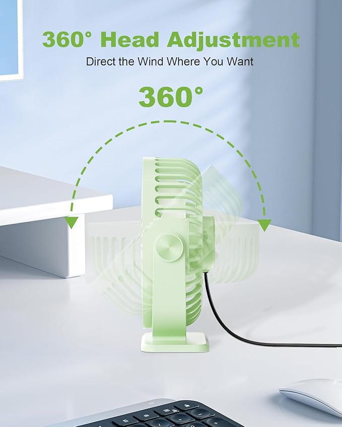 TriPole USB Desk Fan Mini Portable Fan, 3 Speeds Strong Breeze Small Electric Fans, 360° Rotation Quiet Plug In Personal USB Fans for Desktop Bedroom Office Table Travel Cruise, Green, 4.5in