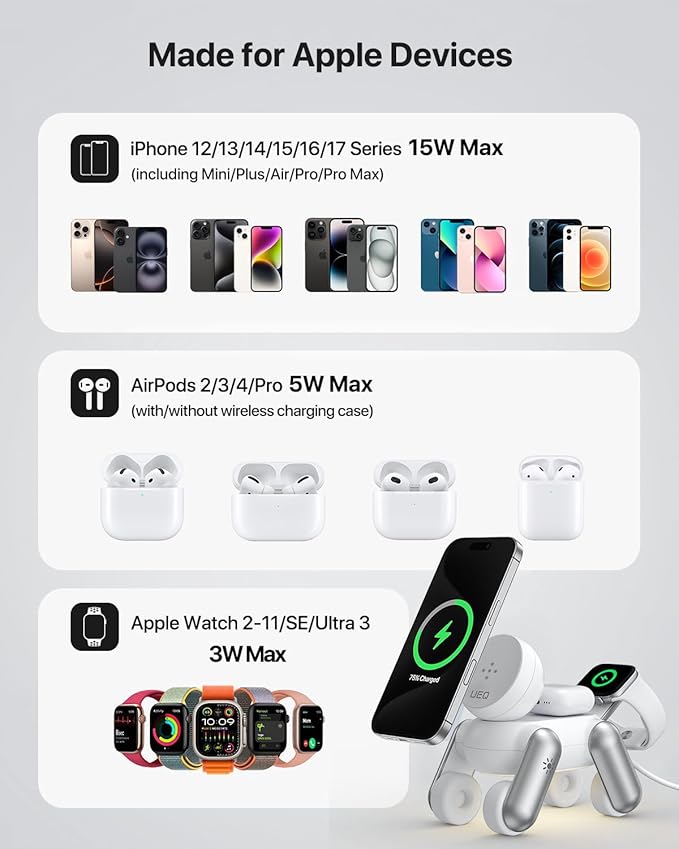 UEQ 3 in 1 Wireless Charging Station for Apple Devices,Foldable Cute Magnetic Mag-Safe Wireless Charger Stand with Night Light for iPhone 17 Air 16 15 14 13 12 Series,AirPods 4 3 2 Pro,Apple Watch