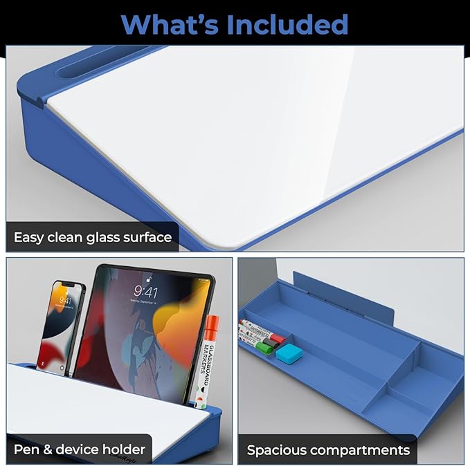 Chalkola Blue Glass Desktop Whiteboard with Storage - Dry Erase Board, Work Desk Organizers, Computer Keyboard Stand, Home Office Desk Accessories, Workspace Desktop Buddy