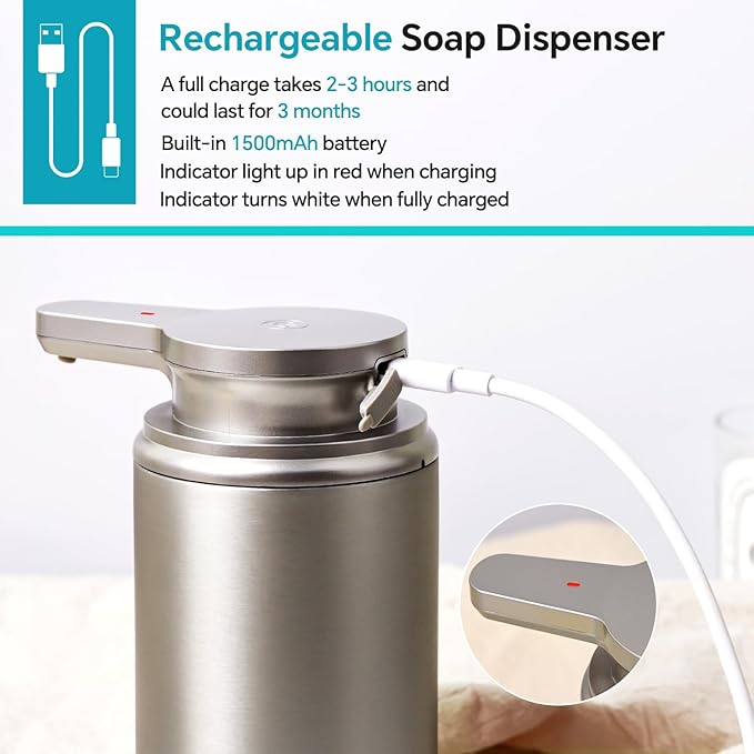 Automatic Soap Dispenser Stainless Steel Touchless Foaming Soap Dispenser for Bathroom Auto Rechargeable Hand Soap Pump (Silver)