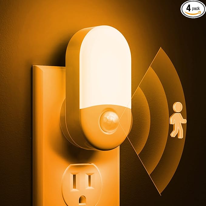 L LOHAS LED Amber Night Light, 4 Pack, Night Lights Plug into Wall Motion Sensor, LED Motion Activated Night Lights, 30/60LM, Automatic Low Blue Night Light for Kids Adults Bathroom Hallway Bedroom