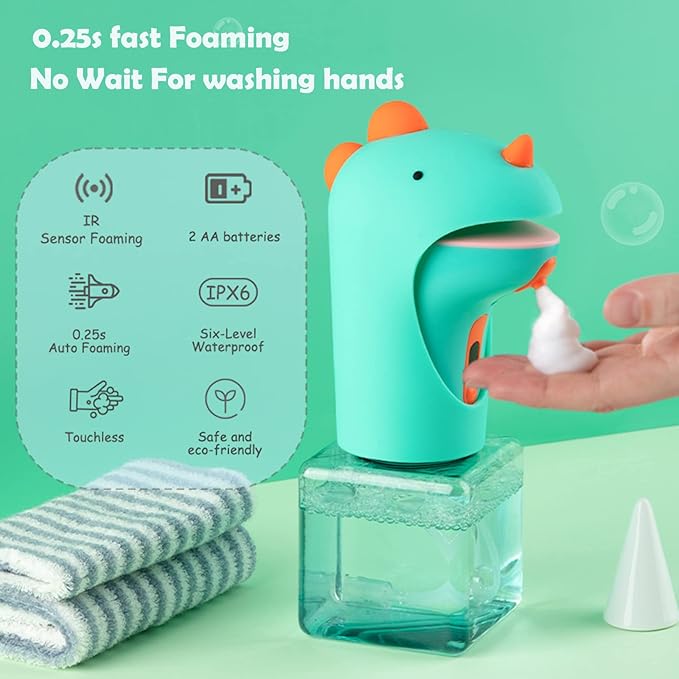 Seawah Automatic Soap Dispenser for Kids,IPX6 Waterproof Cute Dinosaur Foam Smart Hand Foaming Touchless Soap Dispenser for Bathroom Countertop, 8.7oz/250ML