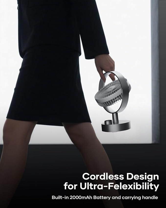 SOTHING Desk Fan, 18dB Ultra-Quiet, 6.6-inch Small Fan with 10-Speed, 160° Oscillating, (4000mAh) 12hrs Battery Life, USB-C Rechargeable, Digital Display, Small Desk Fan for Office - Silver