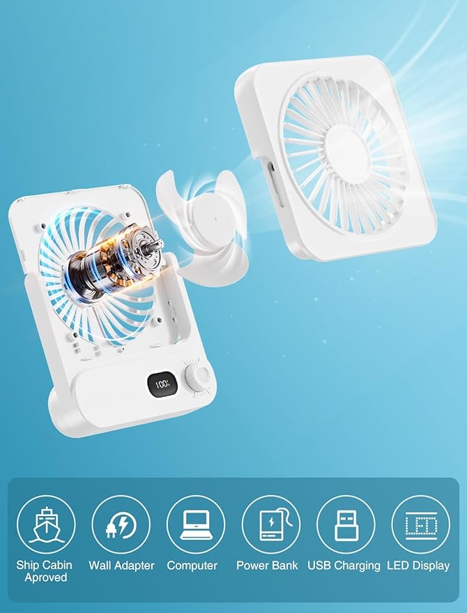 Shintrend Cruise Approved Portable Fan with Magnetic Mount, Rechargeable Cabin Fan with 100 Speeds for Ceiling or Wall, Quiet Cooling for Cruise Travel, Cruise Ship Essentials– White