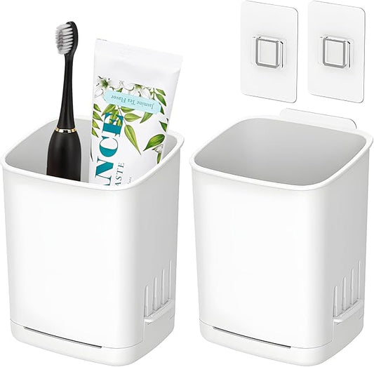 2 Pcs Toothbrush Holder Wall Mounted, No Drilling Toothbrush Holders for Bathroom, Shower Electric Toothbrush and Toothpaste Razor Holder Removable Self Draining for Bathroom Kitchen (White)