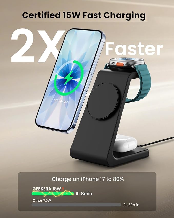 Magsafe Wireless Charging Station for iPhone: 3 in 1 15W Magnetic Portable Desktop Charging Station for iPhone17/16/15/14/13/12 Series, Apple Watch, AirPods 4/3/2/Pro