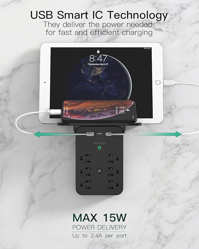 Wall Outlet Extender with Shelf, Surge Protector 6 AC Multi Plug Outlet, 3 USB Charger Station Splitter Expander for Home Bathroom, Black