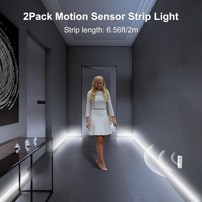 DBFAIRY 2 Pack COB Motion Sensor Strip Light Battery Operated, 6.6Ft 640 LED Cabinet Strip Lights High Bright with Sensor Lighting Mode for Wardrobe Stair Pantry Counter Cabinet Bed,6000K White