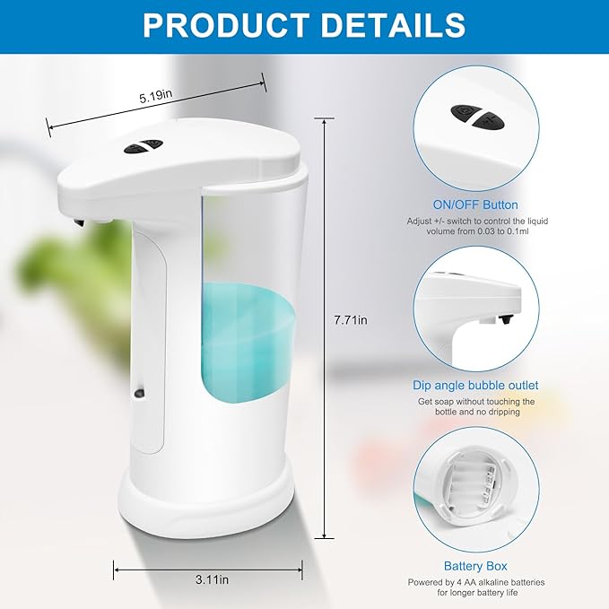 Automatic Liquid Soap Dispenser Touchless 12.5oz/370ml 3 Level Adjustable Infrared Sensor Battery Operated Water Resistant Hand Sanitizer Pump Dispenser for Bathroom Countertop Kitchen Sink