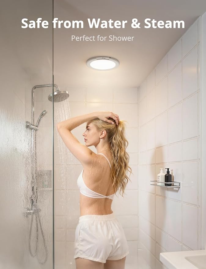 Combuh Battery Operated Shower Light Waterproof Inside, Rechargeable Motion Sensor Ceiling Lights Battery Powered with Remote, No Wiring Magnetic Cordless LED Overhead Lighting for Closet Hallway