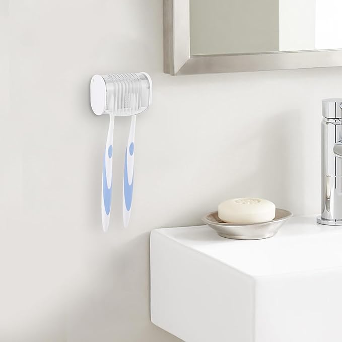 2 Pack Toothbrush Holder Wall Mounted with Cover for Bathroom, 2 Slots Toothbrush Storage Organizer for Shower, Self Adhesive Toothbrush Hanger (White)