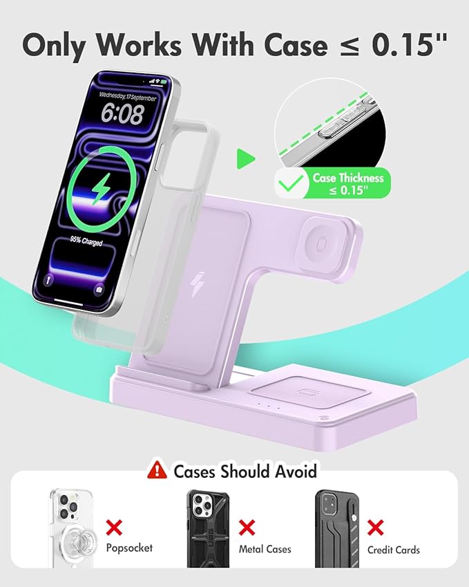 Wireless Charger Stand Charging Station: 3 in 1 Charger Multiple Devices for Apple iPhone 17 16e 16 15 14 Pro Max 13 12 11 for Watch 11 10 9 8 7 6 5 4 3 2 SE and Ultra & Airpods Series, Light Violet