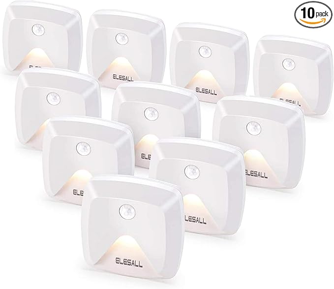 innofox 10-Pack Stick-on Motion Sensor Lights, Warm White LED Night Light, Stick-Anywhere Stair Lights, Closet Light, Battery Operated Wall Light for Kitchen, Hallway, Bedroom, Bathroom, Stairs