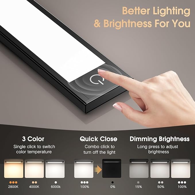 VST Under Cabinet Lighting Wireless 2 Pack, Rechargeable 1800mAh Motion Sensor LED Closet Light, 3 Color Temperature Dimmable, Magnetic Step Night Light for Kitchen Stairs Wardrobe