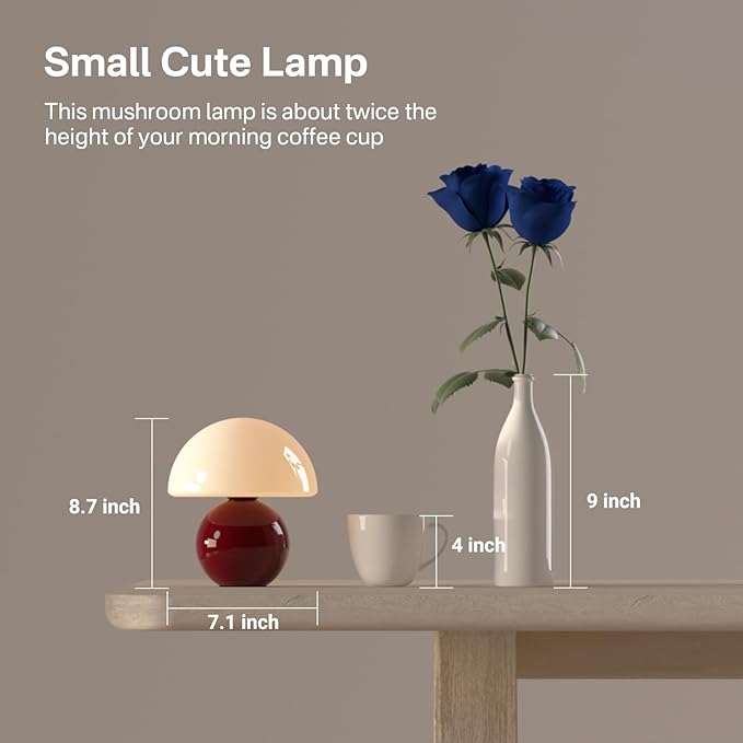 Dawnwake Mushroom Lamp Table Lamp for Bedroom,Desk Bedside Small Lamps for Living Room Night Stands,Mushroom Decor Cute Mini Modern Mid Century Lamps,Unique Aesthetic Home Living Room Decor(Wine Red)
