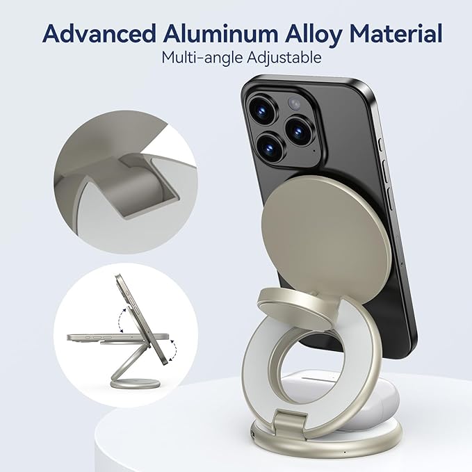 KU XIU X63 Natural Titanium 3 in 1 Charging Station for Apple, Aluminum Alloy Foldable Magnetic Wireless Charger, Travel Stand for iPhone 17/16/15/14/13/12, Apple Watch & AirPod,with 20W Adapter