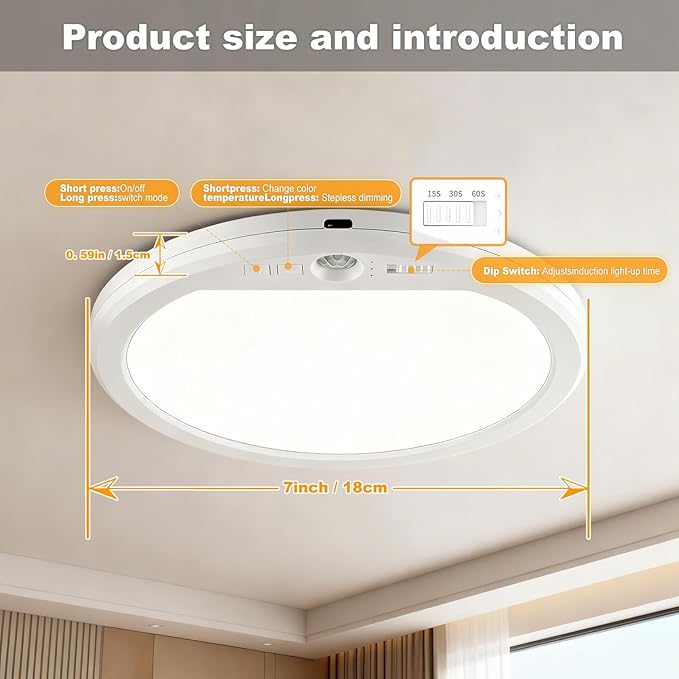 Rechargeable Ceiling Light Wireless Motion Sensor Closet Light Indoor with Remote Magnetic Ceiling Lights Battery Operated for Shower Stairs Shed Hallway Garage Pantry Porch