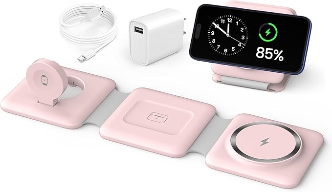 Charging Station for Apple Multiple Devices: 3 in 1 Foldable Magnetic Wireless Charger Stand - Travel Charging Dock Compatible with iPhone 17 16 15 14 13 12 Pro Max Plus Apple Watch AirPods