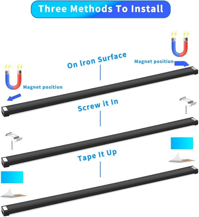 THLIFURE Black Plug in Under Cabinet Light bar with Motion Sensor, Dimmable, Remote Control,Color and Brightness Adjustable, Magnet LED Strip Lights for Kitchen, Workbench, and Closet 3 Pack