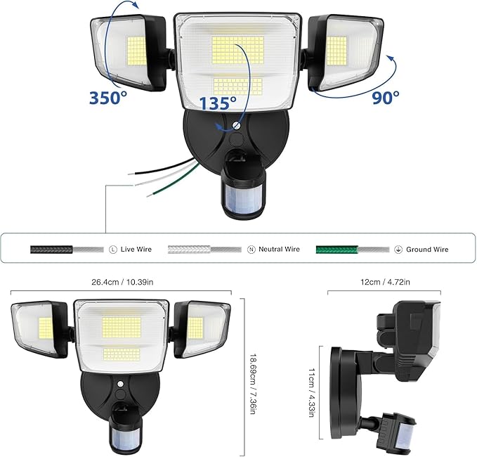 Onforu 90W 10000LM LED Motion Sensor Outdoor Lights, 4-Head Dusk to Dawn Outdoor Lighting, 2 Pack Hardwired Flood Lights, IP66 Waterproof 6500K Security Floodlight for Outside (Black)
