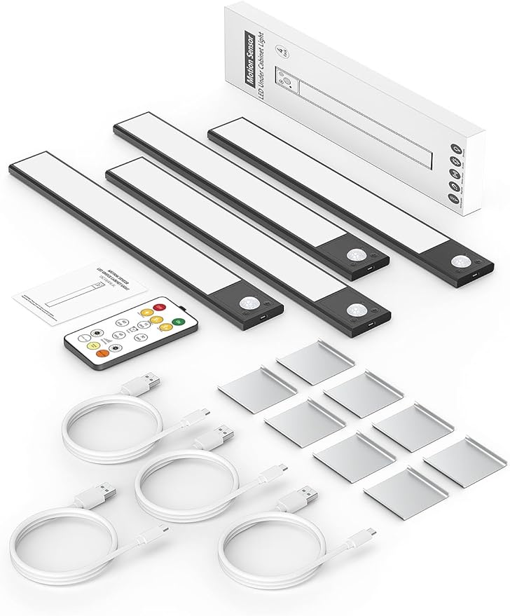 12" Ultra-Thin Under Cabinet Lighting Wireless, Aluminum Alloy Under Counter Lights for Kitchen, 3-Color-Temps Magnetic Closet Lights, Rechargeable Motion Sensor Light Indoor (4 Pack, Black)