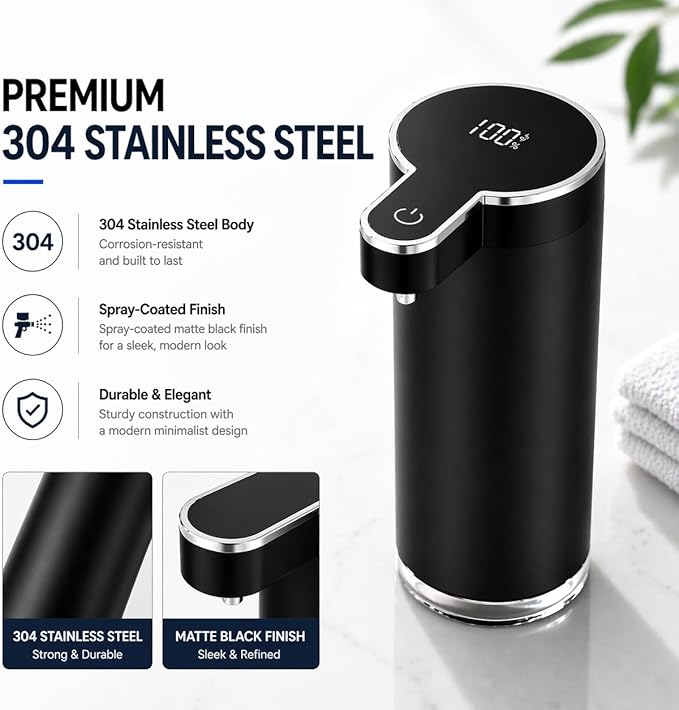 Automatic Liquid Soap Dispenser Touchless, Stainless Steel Hand Soap Dispenser, USB Rechargeable, 4 Adjustable Levels, 11.8oz/350ml for Kitchen and Bathroom (Black, Liquid)