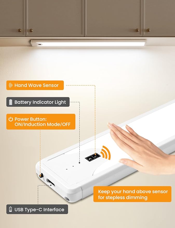 16 Inch Under Cabinet Light, Hand Wave Sensor LED Cabinet Lighting, Rechargeable Wireless Closet Light, Stepless Dimming Under Counter Light for Kitchen, 2 Pack